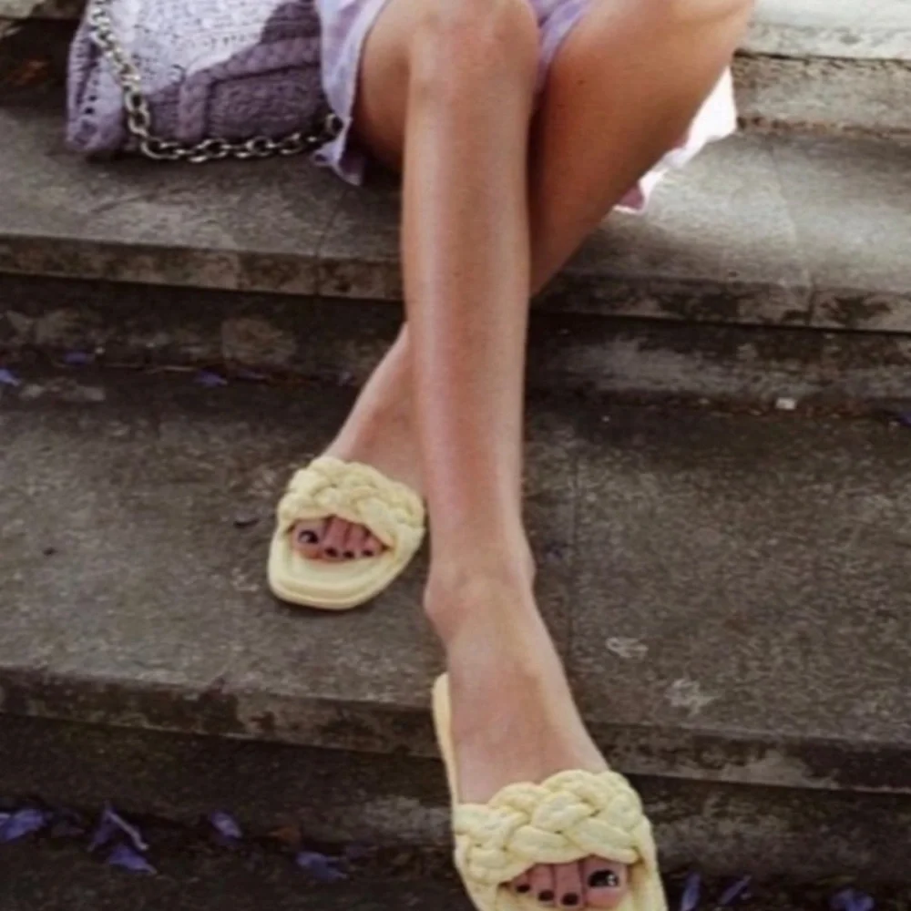Zara Pastel Yellow Woven Raffia Braided Strap Slip On Open Toe Flat Sandals 39 - Picture 11 of 11